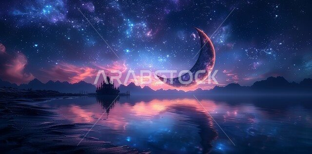 منظر الهلال في السماء ، الفن الهندسي المعماري للمساجد ، ديكورات وتصاميم متميزة على الطراز الاسلامي للقبب والمآذن المضيئة ليلا ، مسجد عربي فاخر ، العبادة والتقرب إلى الله ، آداء الفرائض والصلوات