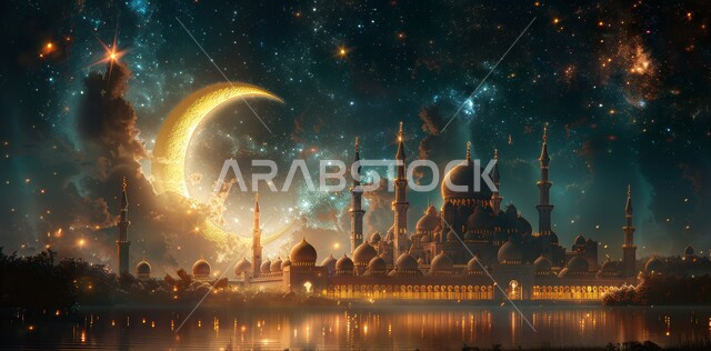  ديكورات وتصاميم متميزة على الطراز الاسلامي للقبب والمآذن المضيئة ليلا ، منظر الهلال في السماء ، الفن الهندسي المعماري للمساجد ،، مسجد عربي فاخر ، العبادة والتقرب إلى الله ، آداء الفرائض والصلوات