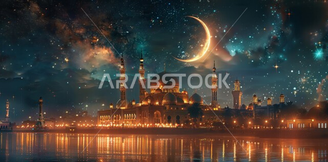  ديكورات وتصاميم متميزة على الطراز الاسلامي للقبب والمآذن المضيئة ليلا ، منظر الهلال في السماء ، الفن الهندسي المعماري للمساجد ،، مسجد عربي فاخر ، العبادة والتقرب إلى الله ، آداء الفرائض والصلوات