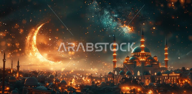  ديكورات وتصاميم متميزة على الطراز الاسلامي للقبب والمآذن المضيئة ليلا ، منظر الهلال في السماء ، الفن الهندسي المعماري للمساجد ،، مسجد عربي فاخر ، العبادة والتقرب إلى الله ، آداء الفرائض والصلوات