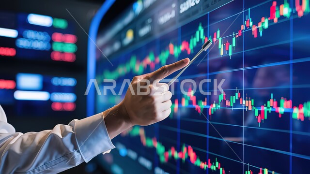 مراقبة الرسوم البيانية، تداول العملة الرقمية، دمج التكنولوجيا المتطورة مع العمل، صورة مقربة ليد رجل عربي خليجي سعودي يشير إلى صعود وهبوط المؤشرات المضيئة والأسهم على الشاشة أمامه, الاستثمار المالي والاقتصادي والمراقبة المستمرة للاقتصاد العالمي