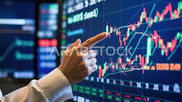 دمج التكنولوجيا المتطورة مع العمل، صورة مقربة ليد رجل عربي خليجي سعودي يشير إلى صعود وهبوط المؤشرات المضيئة والأسهم على الشاشة أمامه, الاستثمار المالي والاقتصادي والمراقبة المستمرة للاقتصاد العالمي, مراقبة الرسوم البيانية، تداول العملة الرقمية