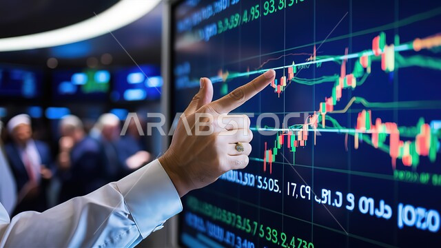 تداول العملة الرقمية، دمج التكنولوجيا المتطورة مع العمل، صورة مقربة ليد رجل عربي خليجي سعودي يشير إلى صعود وهبوط المؤشرات المضيئة والأسهم على الشاشة أمامه, الاستثمار المالي والاقتصادي والمراقبة المستمرة للاقتصاد العالمي, مراقبة الرسوم البيانية
