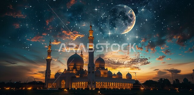 مسجد عربي فاخر ، منظر الهلال في السماء ، الفن الهندسي المعماري للمساجد ، ديكورات وتصاميم متميزة على الطراز الاسلامي للقبب والمآذن المضيئة ليلا ،  العبادة والتقرب إلى الله ، آداء الفرائض والصلوات