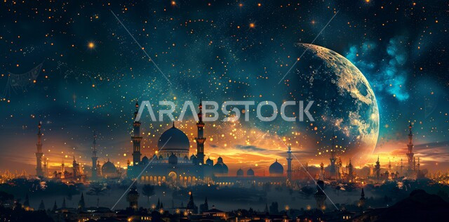 مسجد عربي فاخر ، منظر الهلال في السماء ، الفن الهندسي المعماري للمساجد ، ديكورات وتصاميم متميزة على الطراز الاسلامي للقبب والمآذن المضيئة ليلا ،  العبادة والتقرب إلى الله ، آداء الفرائض والصلوات