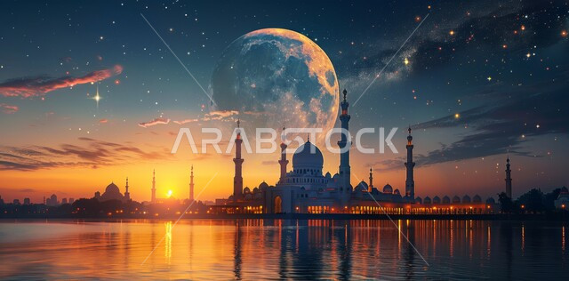 مسجد عربي فاخر ، منظر الهلال في السماء ، الفن الهندسي المعماري للمساجد ، ديكورات وتصاميم متميزة على الطراز الاسلامي للقبب والمآذن المضيئة ليلا ،  العبادة والتقرب إلى الله ، آداء الفرائض والصلوات