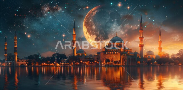 مساجد عربية فاخرة ، منظر الهلال في السماء ، الفن الهندسي المعماري للمساجد ، ديكورات وتصاميم متميزة على الطراز الاسلامي للقبب والمآذن المضيئة ليلا ،  العبادة والتقرب إلى الله ، آداء الفرائض والصلوات