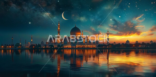 Luxurious Arab mosques, the view of the crescent in the sky, the architectural art of mosques, distinct Islamic-style decorations and designs for domes and minarets illuminated at night, worship and getting closer to God, performing obligatory prayers and prayers.