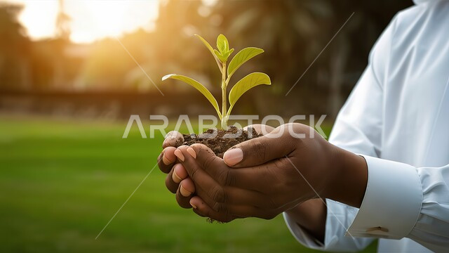 مفهوم الاستثمار والنمو والازدهار على كوكب الأرض, صوره مقربه من الجانب ليدين رجل عربي خليجي سعودي يحمل نبته زراعيه خضراء في تربه خصبه، التشجيير والحفاظ على البيئة الطبيعيه، زراعة النباتات والاشجار