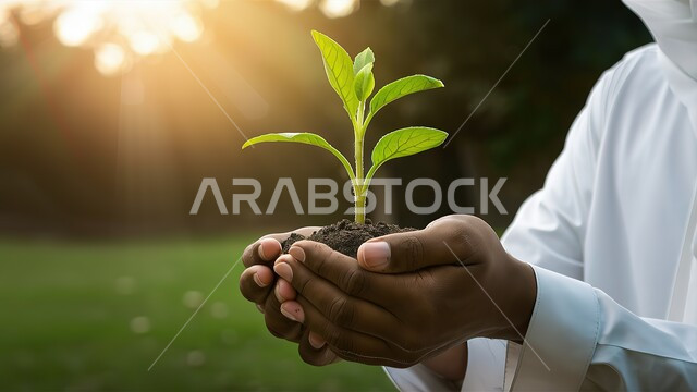 زراعة النباتات والاشجار, مفهوم الاستثمار والنمو والازدهار على كوكب الأرض, صوره مقربه من الجانب ليدين رجل عربي خليجي سعودي يحمل نبته زراعيه خضراء في تربه خصبه، التشجيير والحفاظ على البيئة الطبيعيه