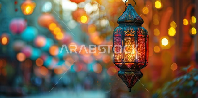 زينة و ديكورات و أنوار الاحتفالات بالمناسبات و الأعياد الدينية الإسلامية , فانوس معدني مزخرف مضيء , البهجة بقدوم رمضان المبارك , أضواء و مصابيح عربية تقليدية , الأجواء الروحانية في الأيام الفضيلة , الاستعداد لاستقبال الشهر الفضيل