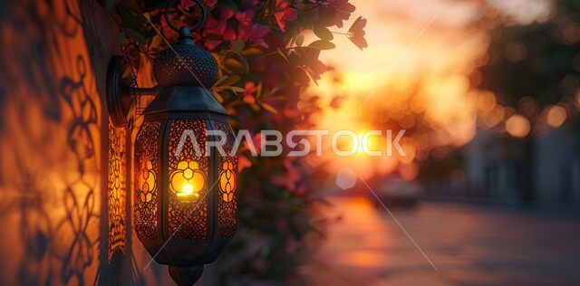 زينة و ديكورات و أنوار الاحتفالات بالمناسبات و الأعياد الدينية الإسلامية , فانوس معدني مزخرف مضيء , البهجة بقدوم رمضان المبارك , أضواء و مصابيح عربية تقليدية , الأجواء الروحانية في الأيام الفضيلة , الاستعداد لاستقبال الشهر الفضيل