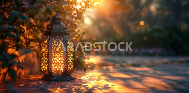 Decorations, decorations, and lights for celebrations of Islamic religious occasions and holidays, a decorative, illuminated metal lantern, the joy of the coming of the blessed Ramadan, traditional Arab lights and lamps, the spiritual atmosphere on the holy days, preparing to welcome the holy month