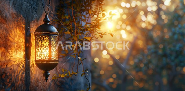 زينة و ديكورات و أنوار الاحتفالات بالمناسبات و الأعياد الدينية الإسلامية , فانوس معدني مزخرف مضيء , البهجة بقدوم رمضان المبارك , أضواء و مصابيح عربية تقليدية , الأجواء الروحانية في الأيام الفضيلة , الاستعداد لاستقبال الشهر الفضيل