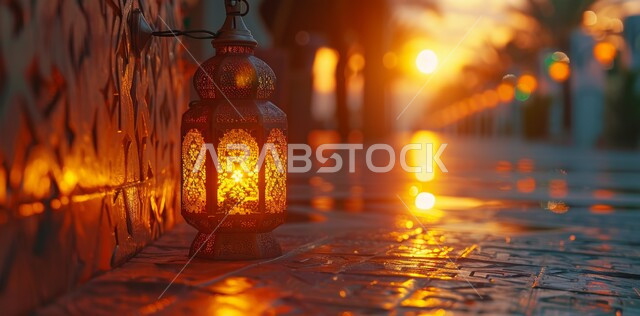 زينة و ديكورات و أنوار الاحتفالات بالمناسبات و الأعياد الدينية الإسلامية , فانوس معدني مزخرف مضيء , البهجة بقدوم رمضان المبارك , أضواء و مصابيح عربية تقليدية , الأجواء الروحانية في الأيام الفضيلة , الاستعداد لاستقبال الشهر الفضيل