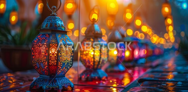 Traditional Arabic lights and lamps, decorations, decorations and lights for celebrations of Islamic religious occasions and holidays, a illuminated decorative metal lantern, the joy of the advent of the blessed Ramadan, the spiritual atmosphere in the holy days, preparation to welcome the holy month