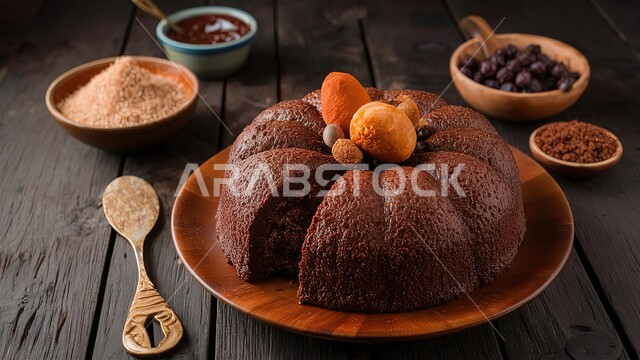 كعكة مخبوزة طازجة مليئة بالشوكولاتة الذائبة, فن تقديم الطعام في أحد المطاعم السعودية, مأكولات غنية بالسكريات والسعرات الحرارية, قالب من الكيك الهش بالكاكاو, الحلويات العربية الشرقية والأطباق اللذيذة