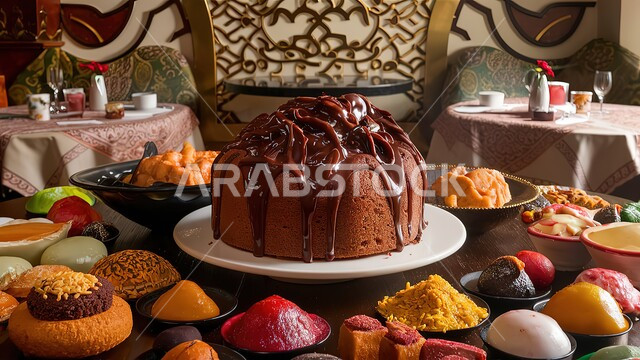 الحلويات العربية الشرقية والأطباق اللذيذة, كعكة مخبوزة طازجة مليئة بالشوكولاتة الذائبة, فن تقديم الطعام في أحد المطاعم السعودية, مأكولات غنية بالسكريات والسعرات الحرارية, قالب من الكيك الهش بالكاكاو
