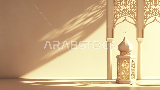 Ornate, luminous Arabic lanterns, the spiritual Ramadan atmosphere, happiness and joy at the arrival of the month of goodness, the concept of worship, obedience, and closeness to God, decorations and decorations in the Arab-Islamic style for holidays and religious occasions.