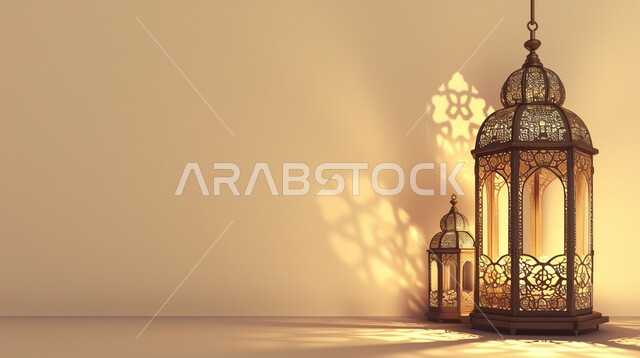 زينة وديكورات على الطراز العربي الاسلامي للاعياد والمناسبات الدينية، مفهوم العبادة والطاعة والتقرب الى الله، الفونيس العربية المزخرفة المضيئة، الاجواء الرمضانية الروحانية، السرور والبهجة بقدوم شهر الخير