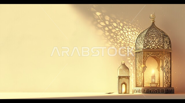 The concept of worship, obedience, and closeness to God, illuminated ornate Arabic fonts, the spiritual Ramadan atmosphere, happiness and joy at the arrival of the month of goodness, decorations and decorations in the Arab-Islamic style for holidays and religious occasions.