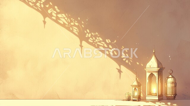 زينة وديكورات على الطراز العربي الاسلامي للاعياد والمناسبات الدينية، مفهوم العبادة والطاعة والتقرب الى الله، الفونيس العربية المزخرفة المضيئة، الاجواء الرمضانية الروحانية، السرور والبهجة بقدوم شهر الخير