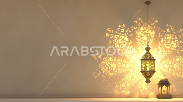 زينة وديكورات على الطراز العربي الاسلامي للاعياد والمناسبات الدينية، مفهوم العبادة والطاعة والتقرب الى الله، الفونيس العربية المزخرفة المضيئة، الاجواء الرمضانية الروحانية، السرور والبهجة بقدوم شهر الخير