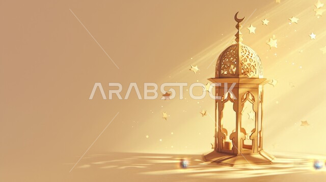 Ornate, luminous Arabic lanterns, the spiritual Ramadan atmosphere, happiness and joy at the arrival of the month of goodness, the concept of worship, obedience, and closeness to God, decorations and decorations in the Arab-Islamic style for holidays and religious occasions.