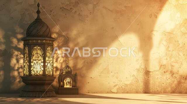 زينة وديكورات على الطراز العربي الاسلامي للاعياد والمناسبات الدينية، مفهوم العبادة والطاعة والتقرب الى الله، الفونيس العربية المزخرفة المضيئة، الاجواء الرمضانية الروحانية، السرور والبهجة بقدوم شهر الخير
