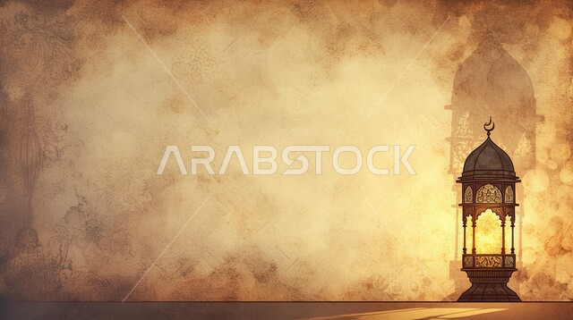 Ornate, luminous Arabic lanterns, the spiritual Ramadan atmosphere, happiness and joy at the arrival of the month of goodness, the concept of worship, obedience, and closeness to God, decorations and decorations in the Arab-Islamic style for holidays and religious occasions.