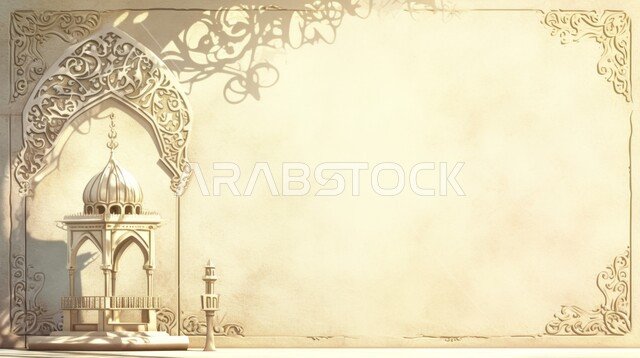 مجسم ثلاثي الابعاد لمسجد على الطراز العربي الاسلامي , الاجواء الرمضانية الروحانية، السرور والبهجة بقدوم شهر الخير، مفهوم العبادة والطاعة والتقرب الى الله، زينة وديكورات للاعياد والمناسبات الدينية