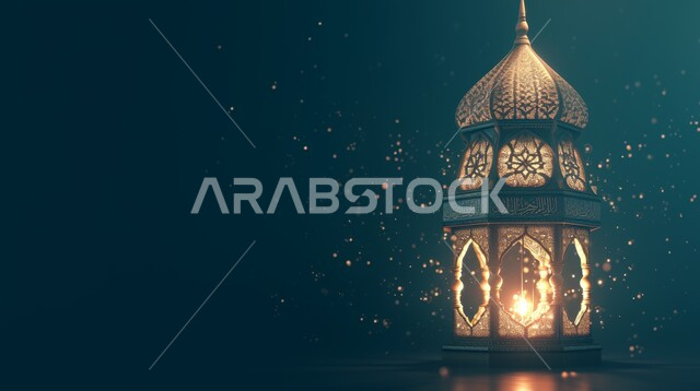 The concept of worship, obedience, and closeness to God, illuminated ornate Arabic fonts, the spiritual Ramadan atmosphere, happiness and joy at the arrival of the month of goodness, decorations and decorations in the Arab-Islamic style for holidays and religious occasions.