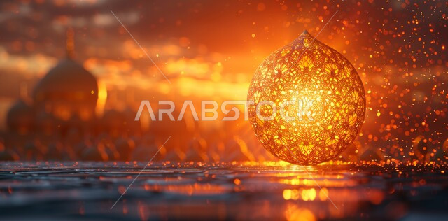 The concept of worship, obedience, and closeness to God, illuminated ornate Arabic fonts, the spiritual Ramadan atmosphere, happiness and joy at the arrival of the month of goodness, decorations and decorations in the Arab-Islamic style for holidays and religious occasions.