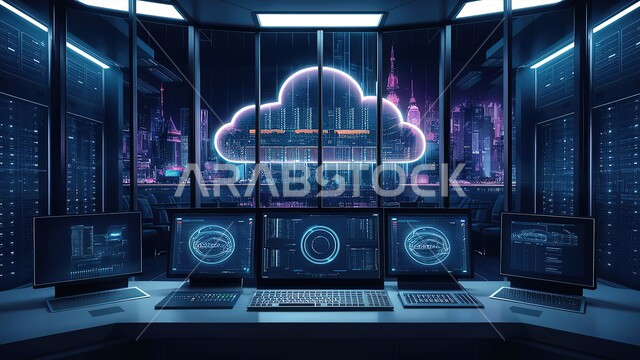 مفهوم التحول والتطور الرقمي وتكنولوجيا المستقبل، غرفة التحكم بالسيرفرات وخوادم الانترنت، تسهيل الوصول للمعلومات من خلال نظم قواعد البيانات، مركز الداتا سنتر، البنية التحتية التكنولوجية، شبكة التخزين السحابي