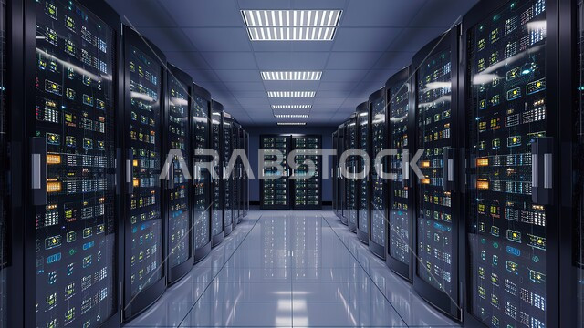 مركز الداتا سنتر، البنية التحتية التكنولوجية، شبكة التخزين السحابي، مفهوم التحول والتطور الرقمي وتكنولوجيا المستقبل، غرفة التحكم بالسيرفرات وخوادم الانترنت، تسهيل الوصول للمعلومات من خلال نظم قواعد البيانات