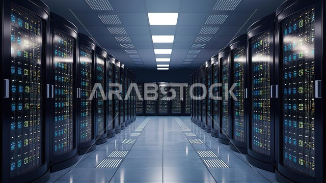 Server control room and Internet servers, facilitating access to information through database systems, data center, technological infrastructure, cloud storage network, the concept of digital transformation and development and future technology