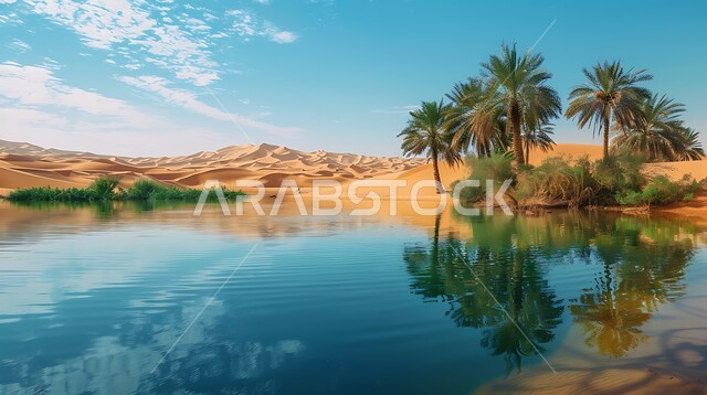 البيئة الصحراوية والطبيعة الجبلية في السعودية, المناطق السياحية الهادئة, انعكاس صورة أشجار النخيل والغيوم على المياه الصافية, الاستمتاع بالمناظر الطبيعية في إحدى واحات المملكة, خلفية السماء المليئة بالسحب البيضاء