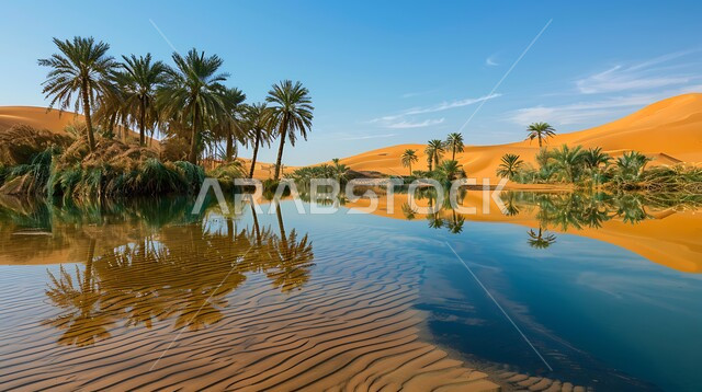 الطبيعة الجبلية والبيئة الصحراوية في السعودية, المناطق السياحية الهادئة, انعكاس صورة أشجار النخيل والغيوم على المياه الصافية, الاستمتاع بالمناظر الطبيعية في إحدى واحات المملكة