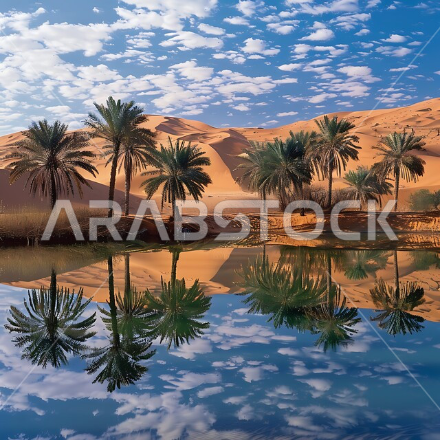 انعكاس صورة أشجار النخيل والغيوم على المياه الصافية, الاستمتاع بالمناظر الطبيعية في إحدى واحات المملكة,  البيئة الصحراوية والطبيعة الجبلية في السعودية, المناطق السياحية الهادئة, خلفية السماء المليئة بالسحب البيضاء