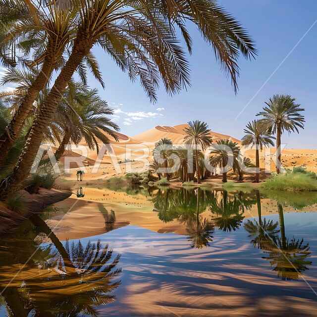 الطبيعة الجبلية والبيئة الصحراوية في السعودية, المناطق السياحية الهادئة, انعكاس صورة أشجار النخيل والغيوم على المياه الصافية, الاستمتاع بالمناظر الطبيعية في إحدى واحات المملكة