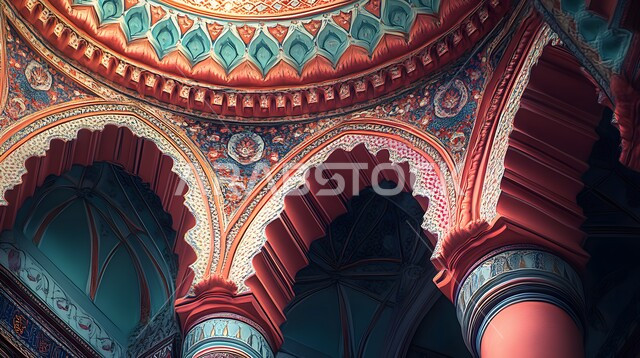 التصاميم والديكورات للمساجد في المملكة العربية السعودية، نقوش وزخارف إسلامية مميزة على الجدران الداخلية للقبب والأقواس، هيكل ديني ذو سقف مقبب، نوافذ مزخرفة بنمط الارابيسك العربي التقليدي، الفن الهندسي المعماري لمسجد عربي عريق