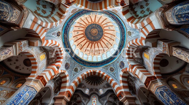 التصاميم والديكورات للمساجد في المملكة العربية السعودية، نقوش وزخارف إسلامية مميزة على الجدران الداخلية للقبب والأقواس، هيكل ديني ذو سقف مقبب، نوافذ مزخرفة بنمط الارابيسك العربي التقليدي، الفن الهندسي المعماري لمسجد عربي عريق