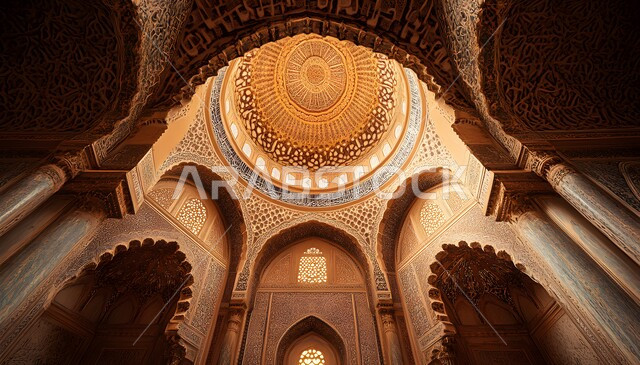  الفن الهندسي المعماري لمسجد عربي عريق، التصاميم والديكورات للمساجد في المملكة العربية السعودية، نقوش وزخارف إسلامية مميزة على الجدران الداخلية للقبب والأقواس، هيكل ديني ذو سقف مقبب، نوافذ مزخرفة بنمط الارابيسك العربي التقليدي