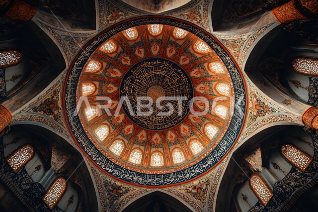 التصاميم والديكورات للمساجد في المملكة العربية السعودية، نقوش وزخارف إسلامية مميزة على الجدران الداخلية للقبب والأقواس، هيكل ديني ذو سقف مقبب، نوافذ مزخرفة بنمط الارابيسك العربي التقليدي، الفن الهندسي المعماري لمسجد عربي عريق