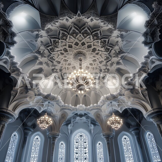  الفن الهندسي المعماري لمسجد عربي عريق، التصاميم والديكورات للمساجد في المملكة العربية السعودية، نقوش وزخارف إسلامية مميزة على الجدران الداخلية للقبب والأقواس، هيكل ديني ذو سقف مقبب، نوافذ مزخرفة بنمط الارابيسك العربي التقليدي