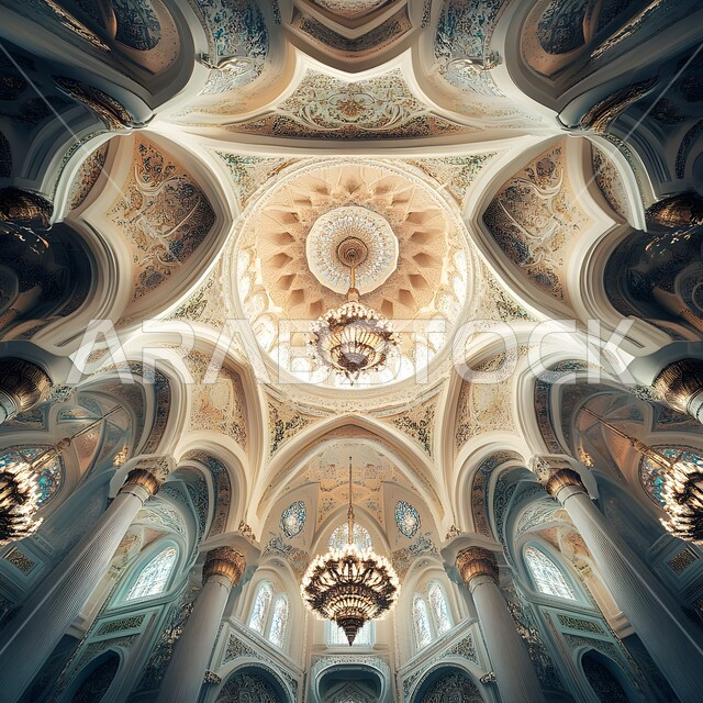  الفن الهندسي المعماري لمسجد عربي عريق، التصاميم والديكورات للمساجد في المملكة العربية السعودية، نقوش وزخارف إسلامية مميزة على الجدران الداخلية للقبب والأقواس، هيكل ديني ذو سقف مقبب، نوافذ مزخرفة بنمط الارابيسك العربي التقليدي