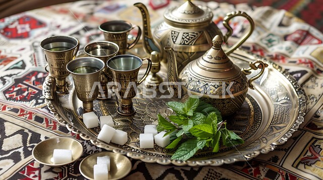 كرم الإستقبال وحسن الضيافة في المملكة العربية السعودية, الاستمتاع بالمشروبات الساخنة، الاواني الذهبية بزخارف تقليدية، التقاليد و العادات القديمة في تقديم الشاي, صورة مقربة لمجموعة من الفناجين المزخرفة مع طبق من النعناع ومكعبات السكر على الطاولة