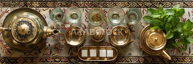 التقاليد و العادات القديمة في تقديم الشاي, صورة مقربة لمجموعة من الفناجين المزخرفة مع طبق من النعناع ومكعبات السكر على الطاولة, كرم الإستقبال وحسن الضيافة في المملكة العربية السعودية, الاستمتاع بالمشروبات الساخنة، الاواني الذهبية بزخارف تقليدية