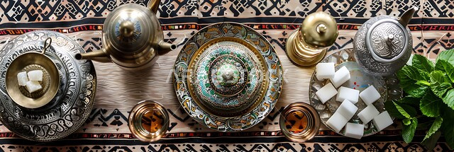 الاستمتاع بالمشروبات الساخنة، الاواني الذهبية بزخارف تقليدية، التقاليد و العادات القديمة في تقديم الشاي, صورة مقربة لمجموعة من الفناجين المزخرفة مع طبق من النعناع ومكعبات السكر على الطاولة, كرم الإستقبال وحسن الضيافة في المملكة العربية السعودية