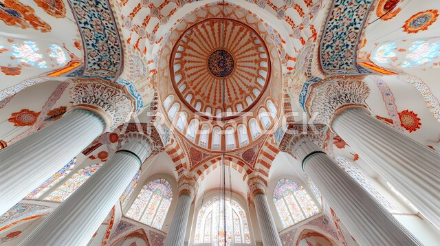 نقوش وزخارف إسلامية مميزة على الجدران الداخلية للقبب والأقواس، هيكل ديني ذو سقف مقبب، نوافذ مزخرفة بنمط الارابيسك العربي التقليدي، الفن الهندسي المعماري لمسجد عربي عريق ، التصاميم والديكورات للمساجد في المملكة العربية السعودية